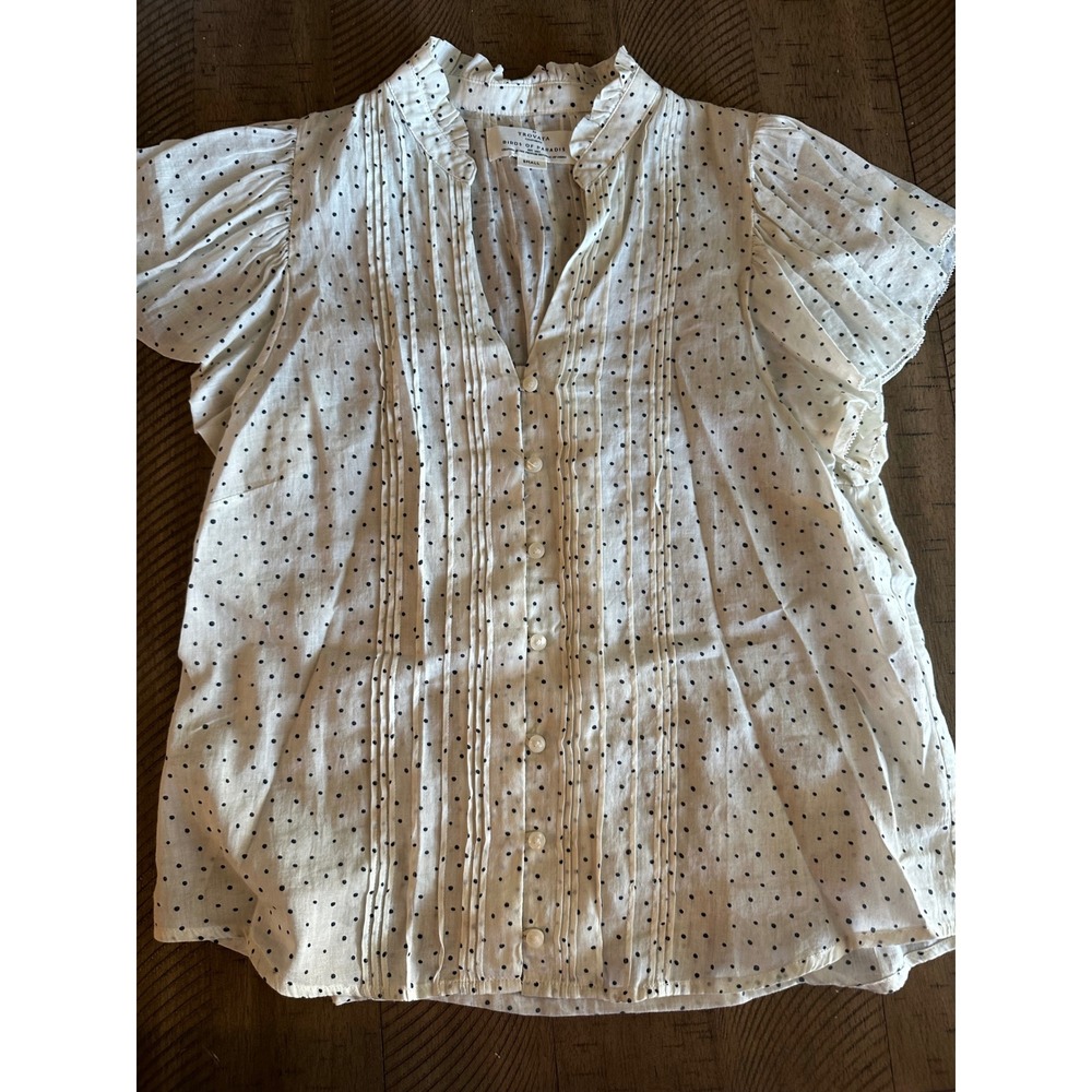 Trovata Birds of Paradis Polka Dot Pintuck Blouse Flutter Sleeve White Small